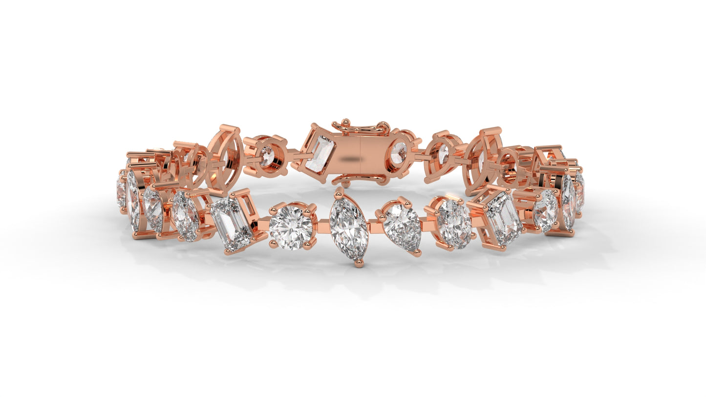 12.50 CTW Mixed Shape Diamond Bracelet in 14K Rose Gold – Round, Emerald, Oval, Pear & Marquise Cut