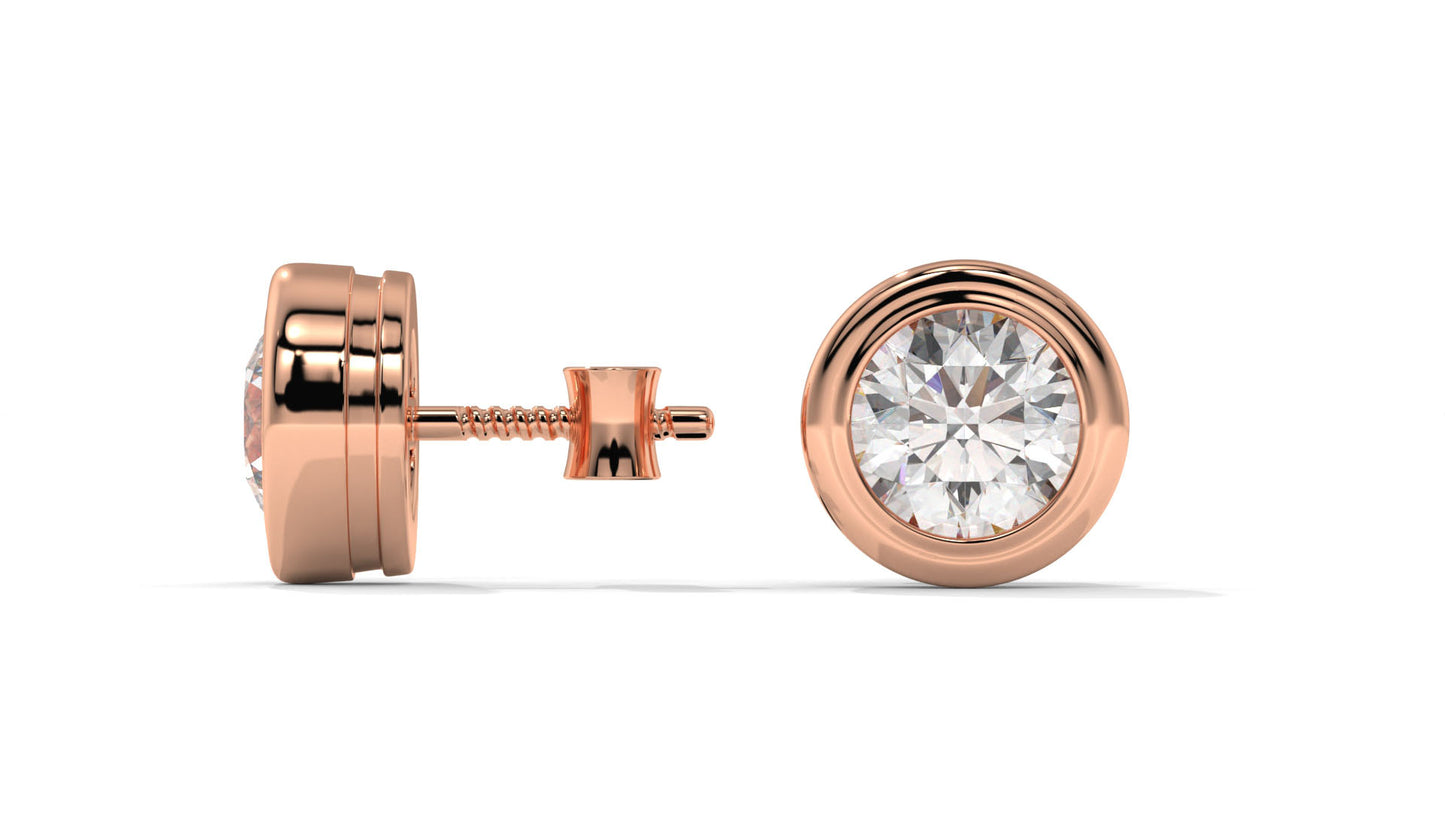 3 CTW Round Diamond Bezel-Set Stud Earrings In 14K Rose Gold – Brilliant-Cut, Screw Back