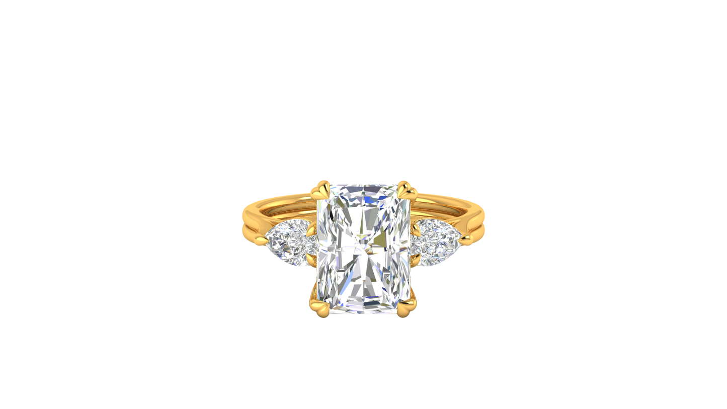 4 Carat Radiant Cut Engagement Ring With Pear Shaped Side Stones In 14K Yellow Gold