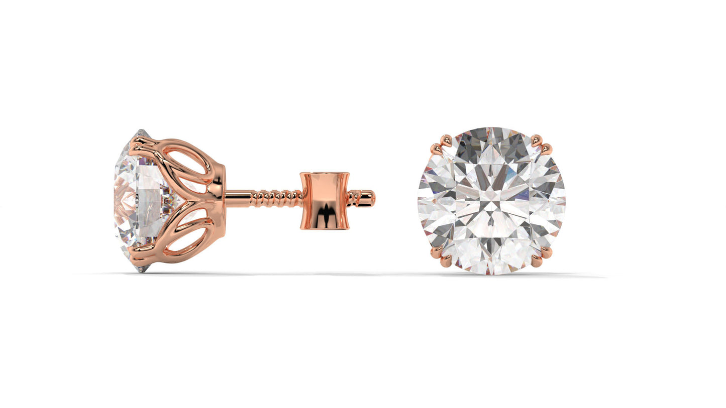 3 CTW Round Diamond Stud Earrings In 14K Rose Gold – Brilliant-Cut, Four-Prong Filigree Basket , Screw Back