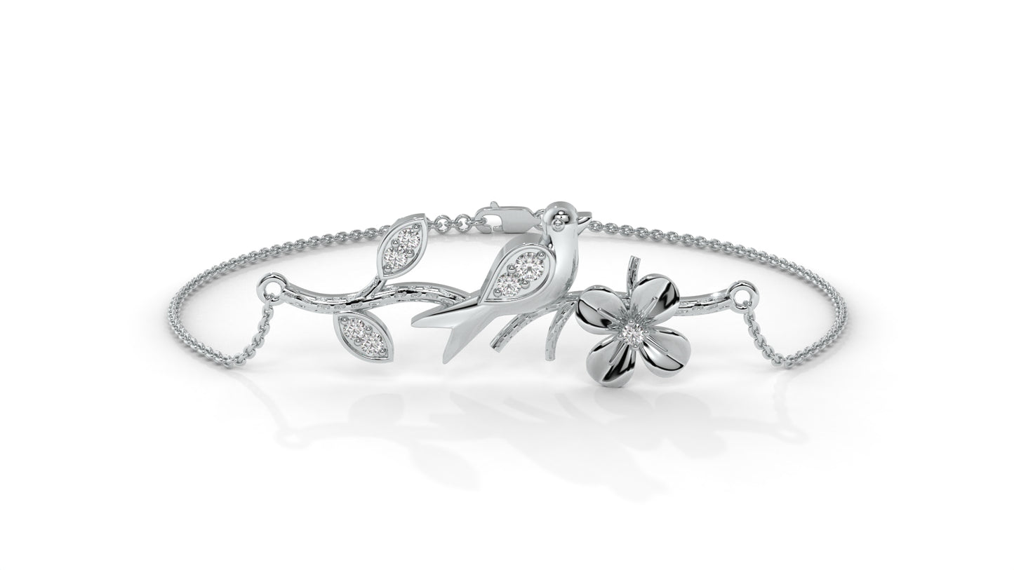 0.19 CTW Diamond Bird and Flower Bracelet in 14K White Gold