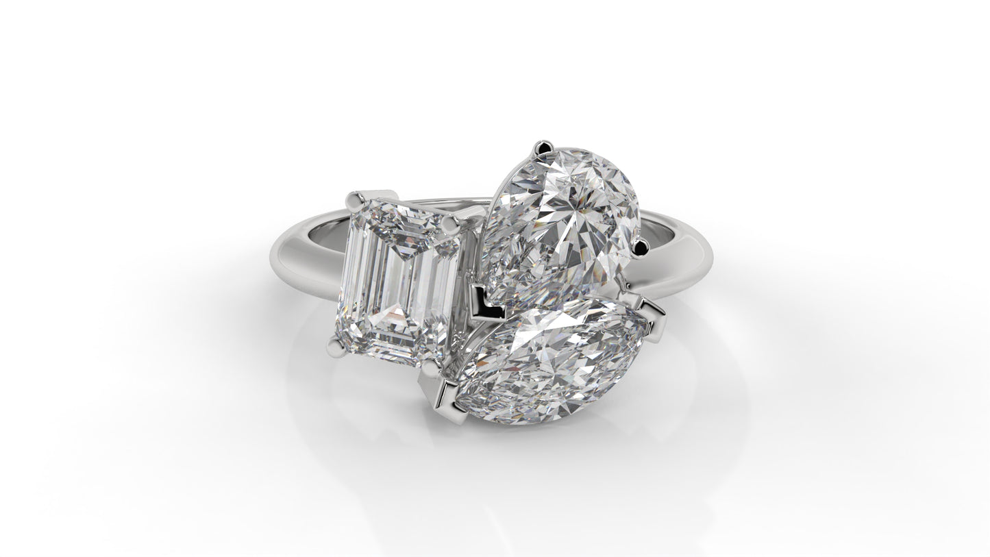 3.00 CTW Three-Stone Toi et Moi Diamond Ring in 14K White Gold with Pear, Emerald, and Marquise Diamonds