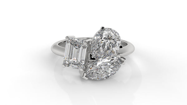 3.00 CTW Three-Stone Toi et Moi Diamond Ring in 14K White Gold with Pear, Emerald, and Marquise Diamonds
