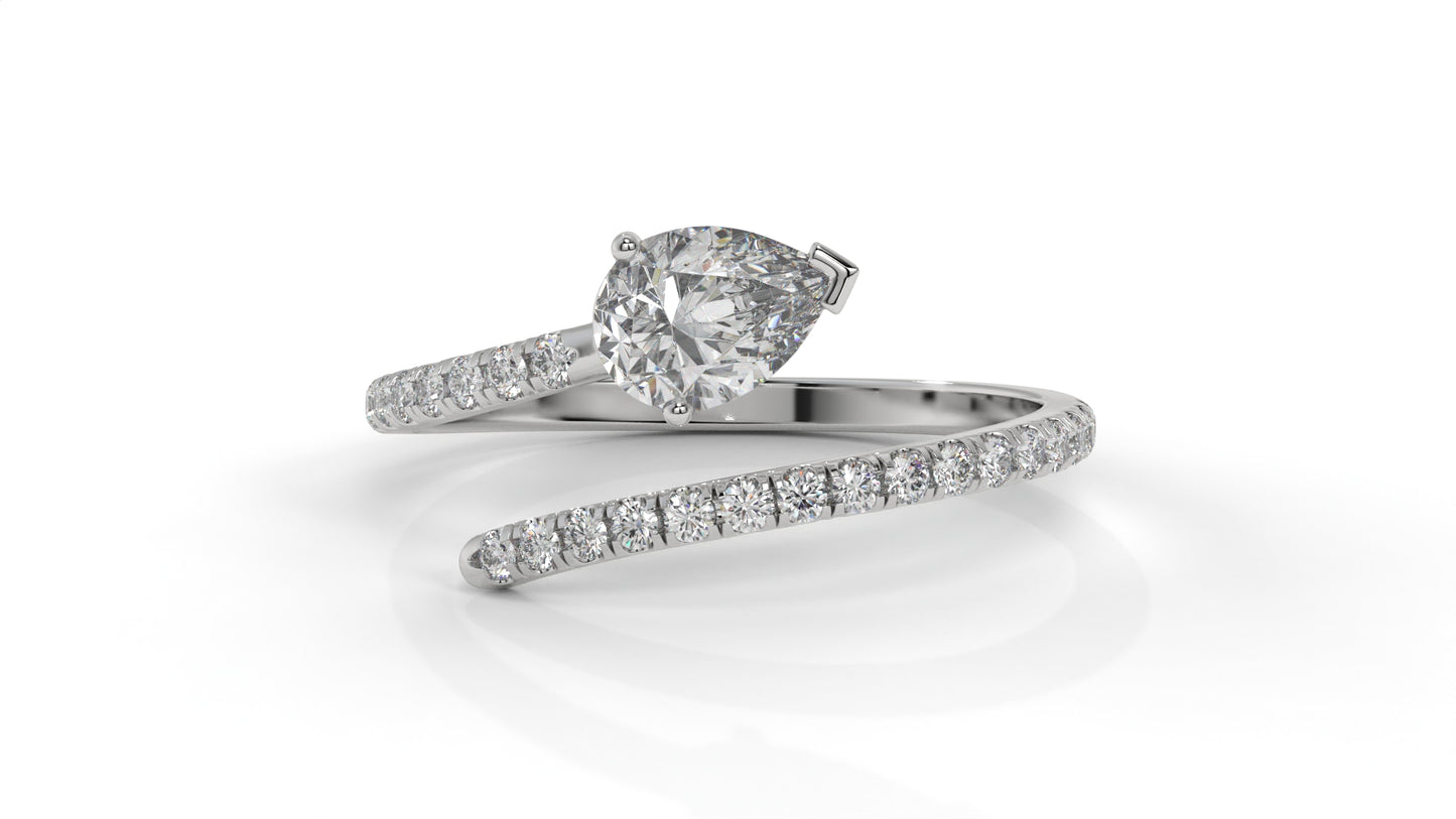 1.03 CTW Pear Diamond Wrap Ring in 14K White Gold with Pavé Band