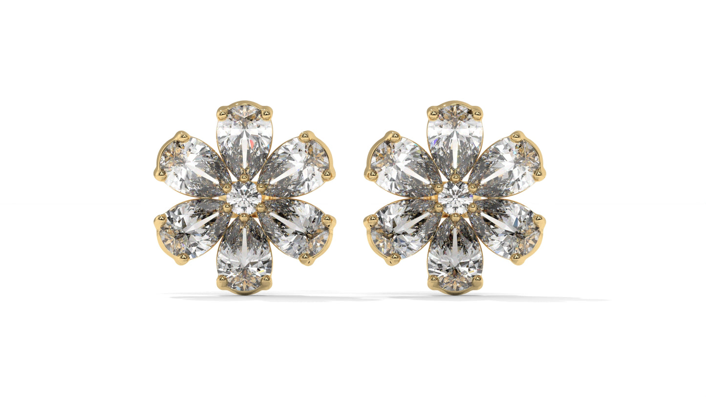 8.14 CTW Diamond Flower Stud Earrings in 14K Yellow Gold - Pear-Shaped Cluster Design