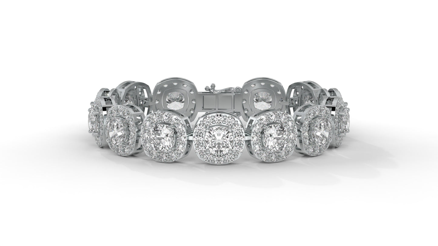 30.26 CTW Diamond Tennis Bracelet in 14K White Gold – Cushion and Round Halo Design