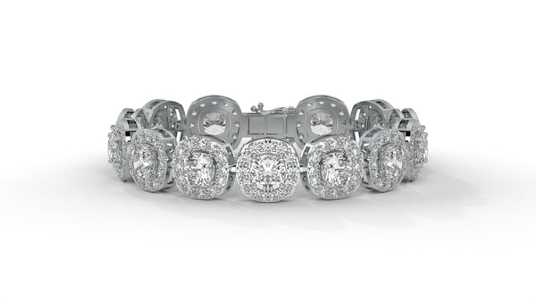 30.26 CTW Diamond Tennis Bracelet in 14K White Gold – Cushion and Round Halo Design