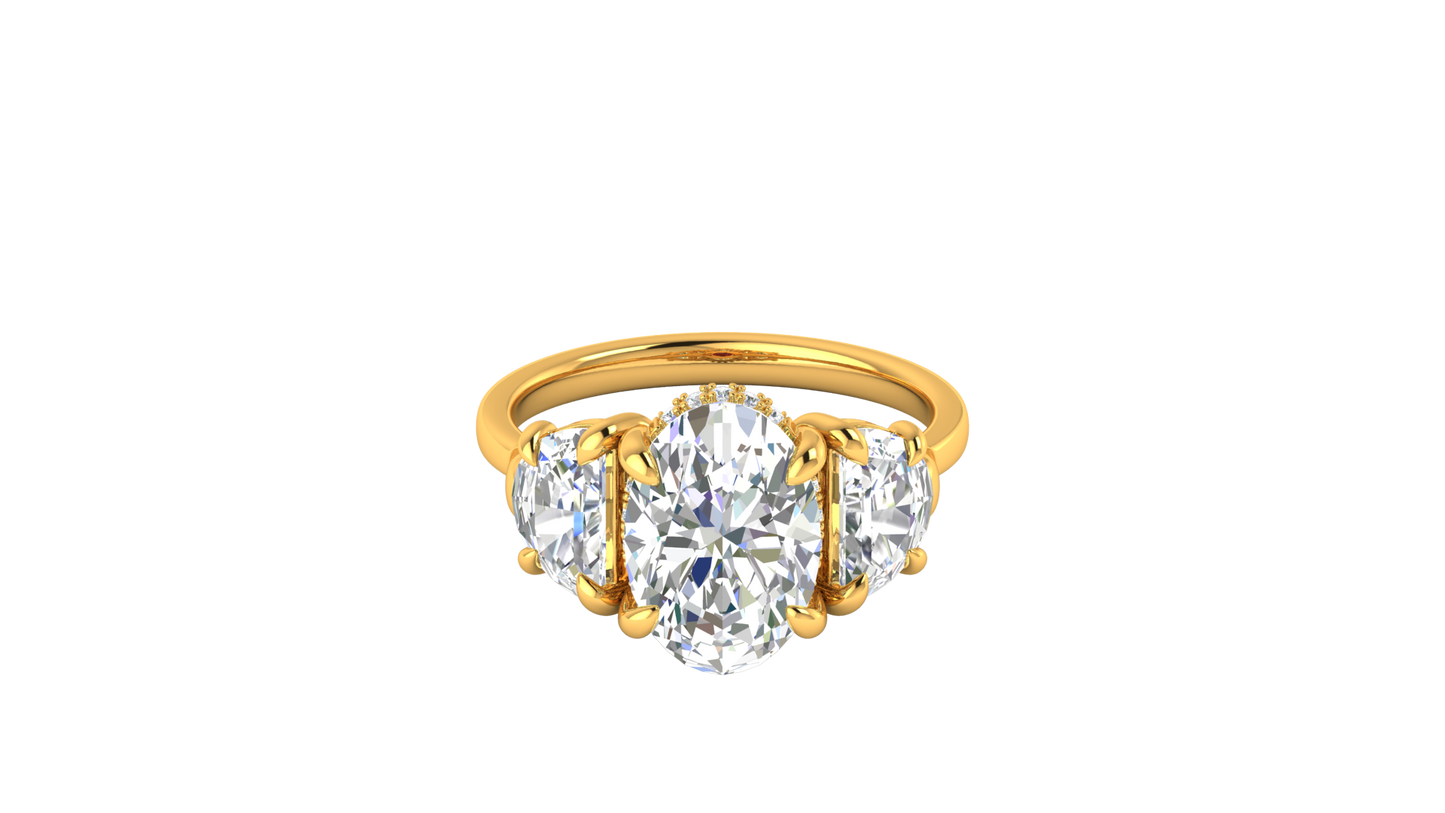 3 Carat Oval Cut Engagement Ring With Half Moon Side Stones In 14K Yellow Gold