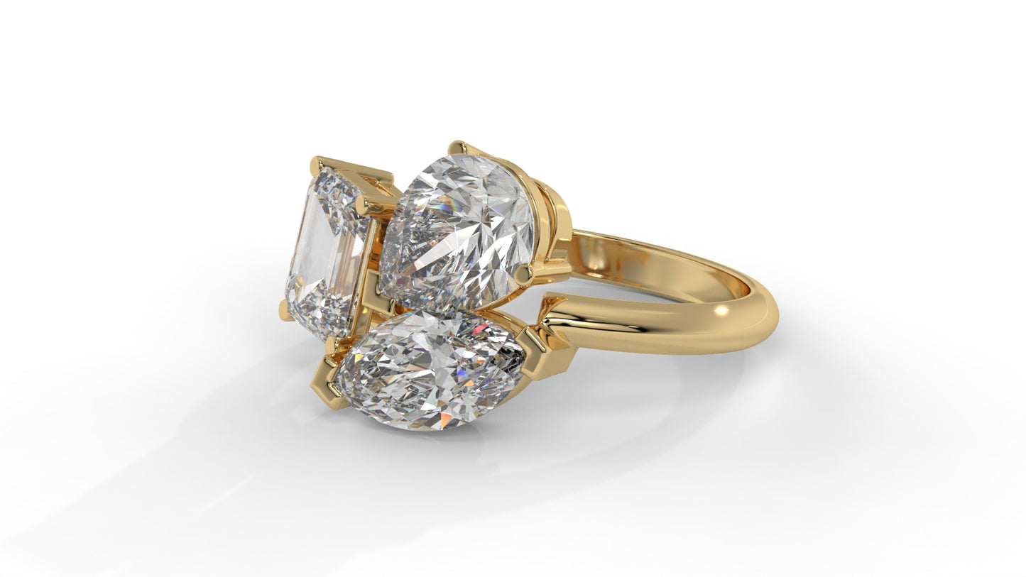 3.00 CTW Three-Stone Toi et Moi Diamond Ring in 14K Yellow Gold with Pear, Emerald, and Marquise Diamonds
