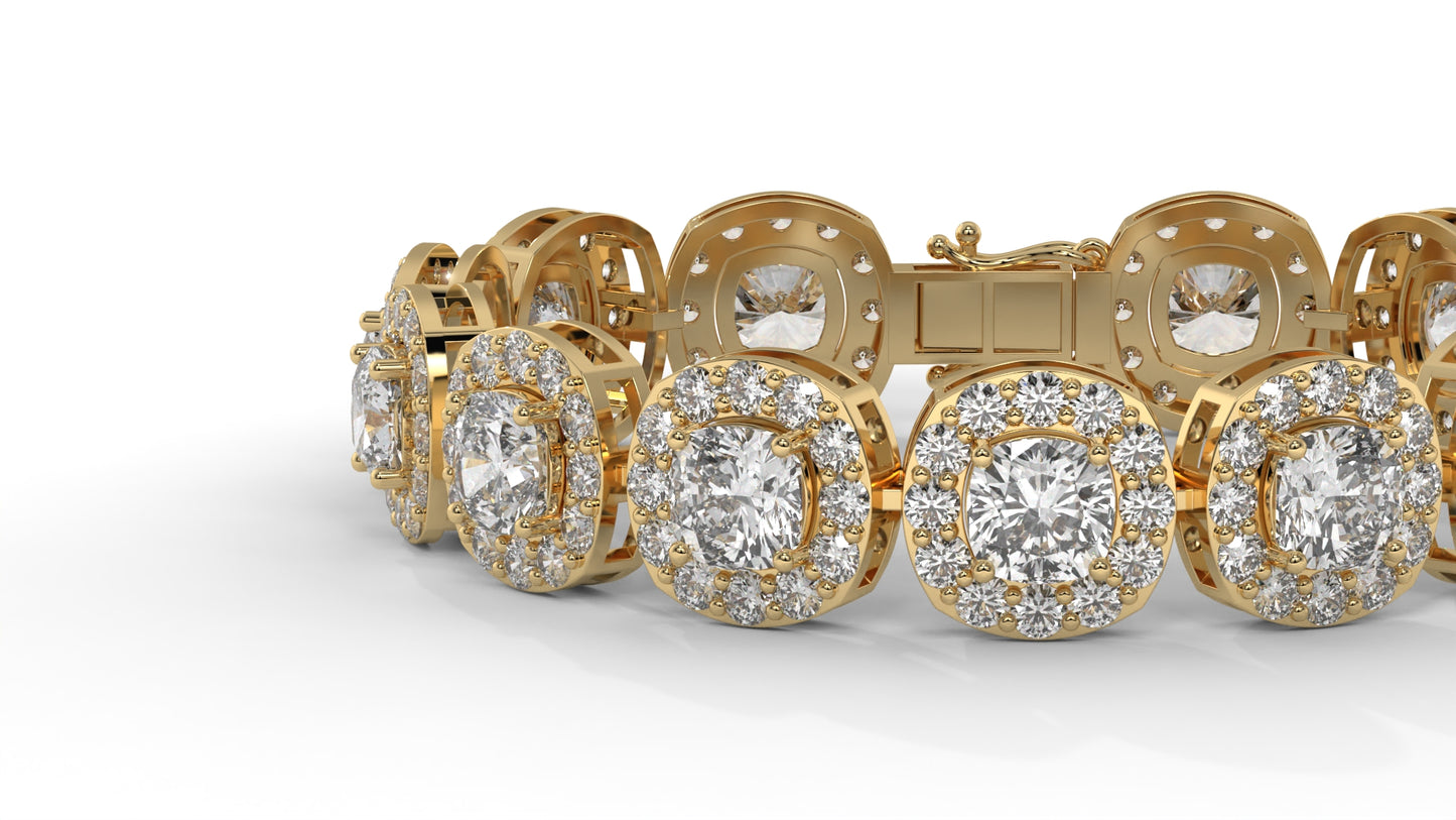 30.26 CTW Diamond Tennis Bracelet in 14K Yellow Gold – Cushion and Round Halo Design