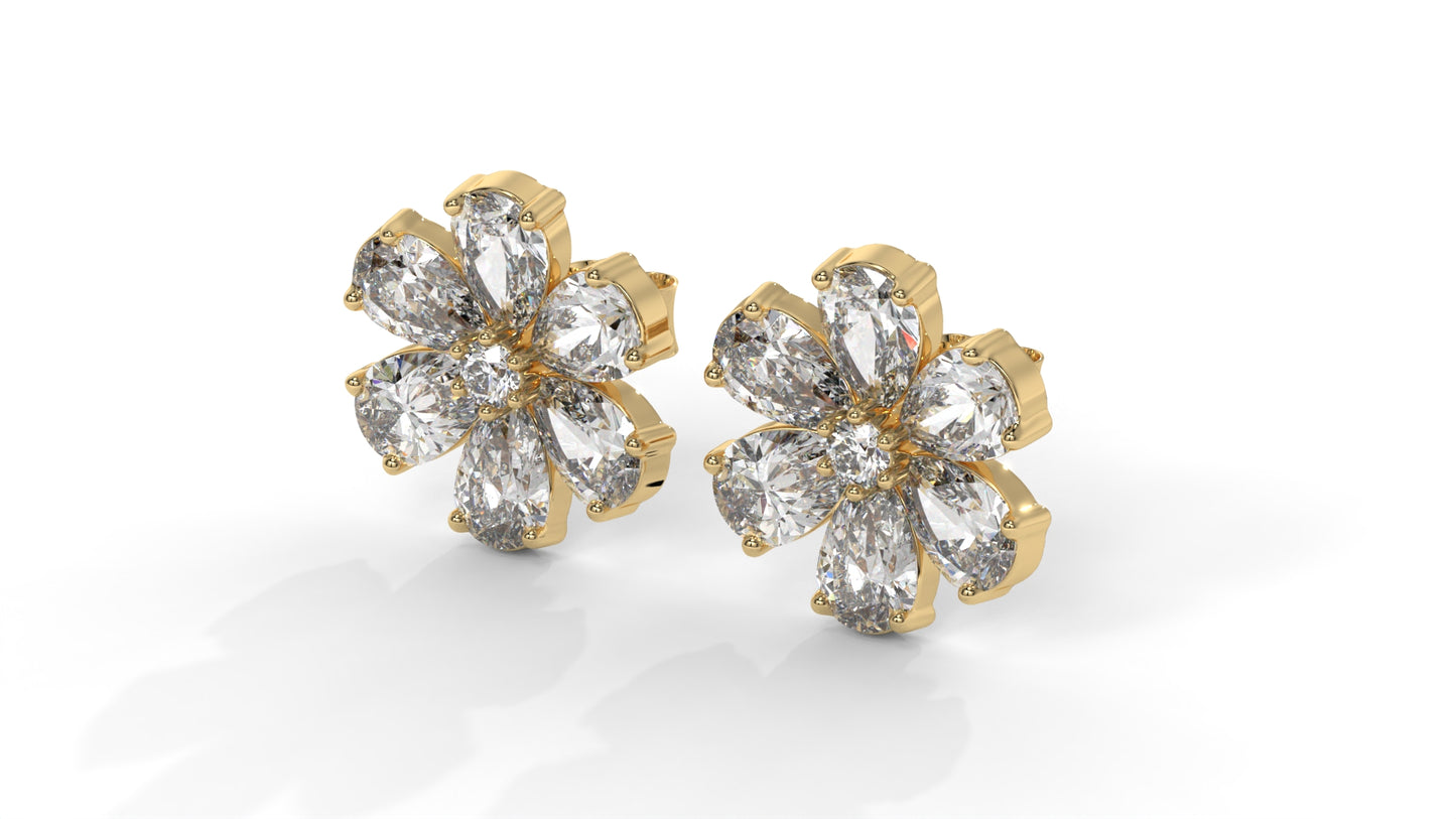 8.14 CTW Diamond Flower Stud Earrings in 14K Yellow Gold - Pear-Shaped Cluster Design