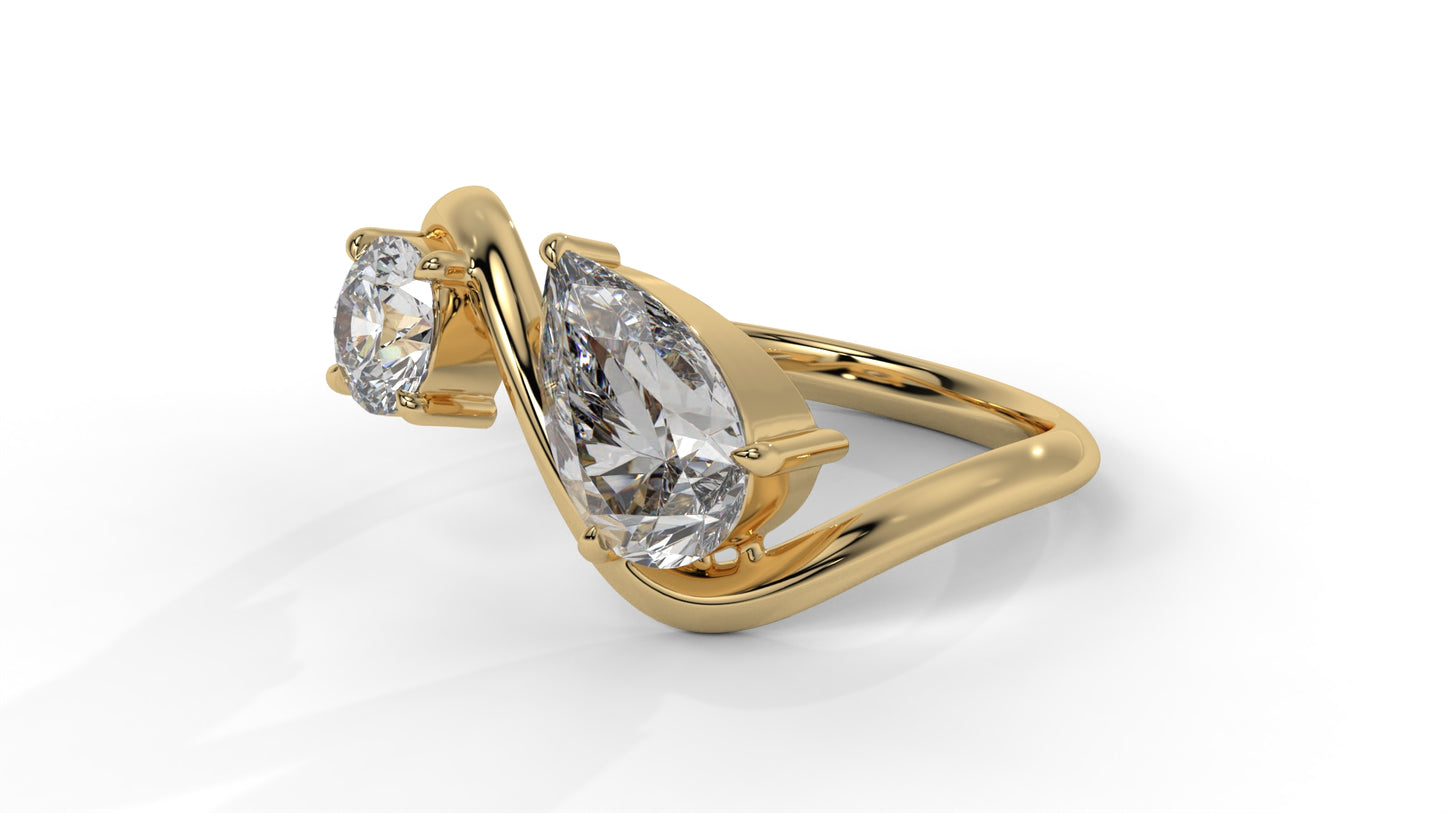 2.21 CTW Toi et Moi Diamond Ring in 14K Yellow Gold with Round and Pear Cut Diamonds