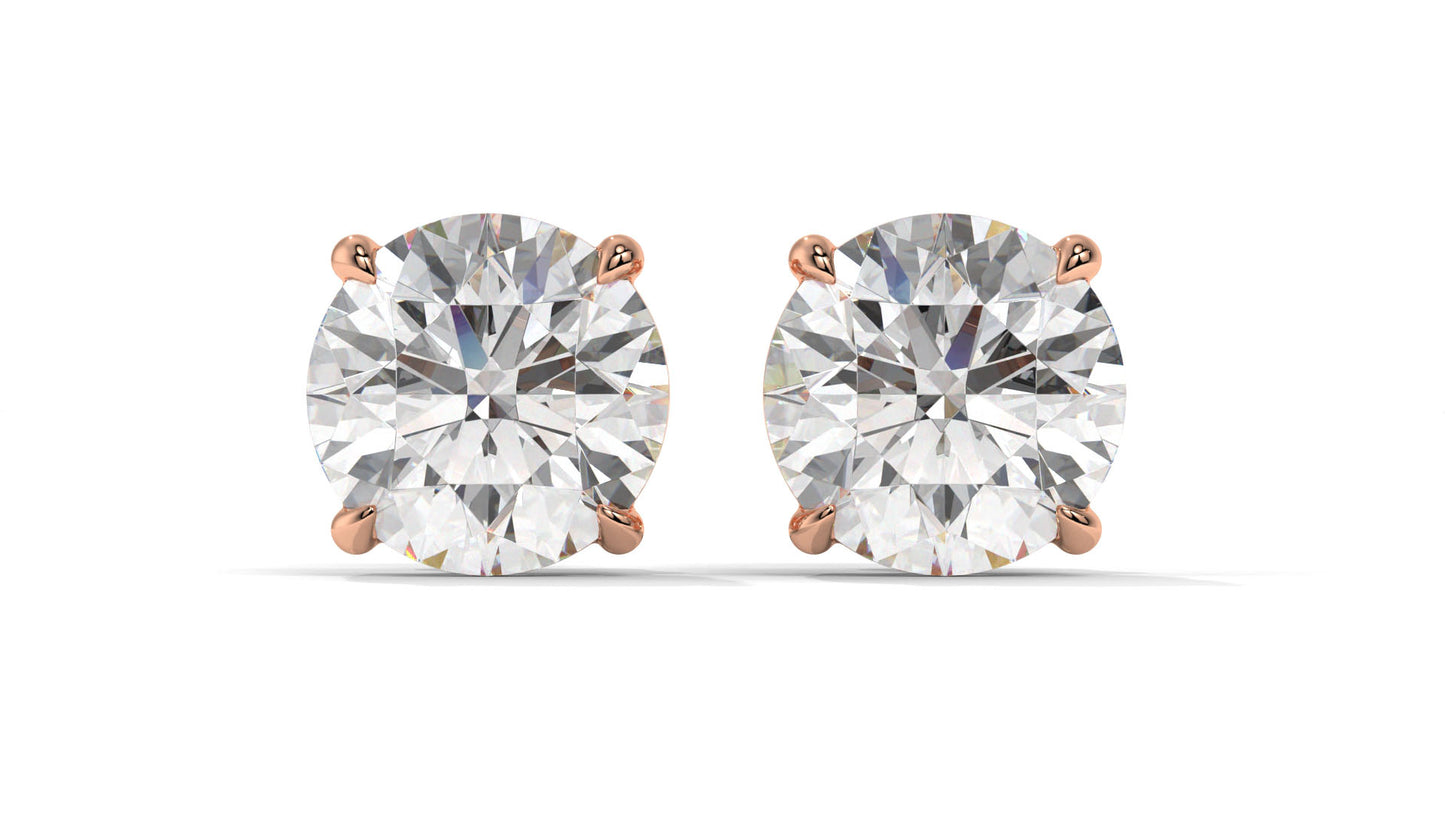 4 CTW Round Diamond Stud Earrings In 14K Rose Gold – Brilliant-Cut, Double-Prong Basket Setting