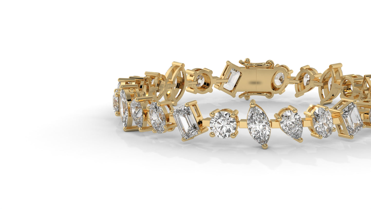 12.50 CTW Mixed Shape Diamond Bracelet in 14K Yellow Gold – Round, Emerald, Oval, Pear & Marquise Cut