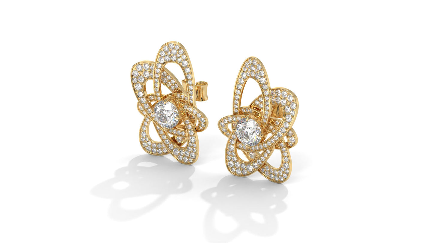 4.31 CTW Round Diamond Designer Stud Earrings in 14K Yellow Gold In Pavé Setting