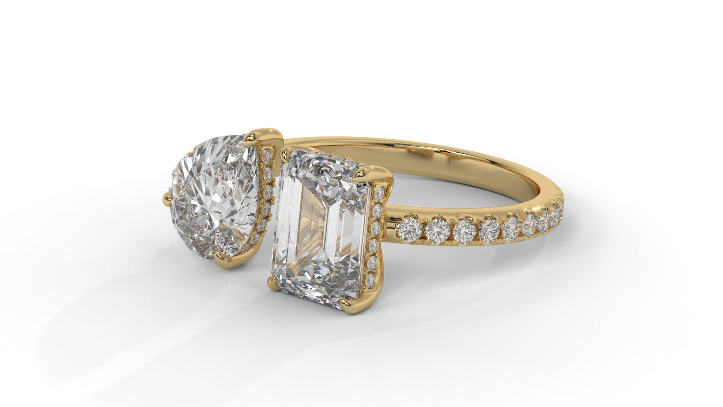 4.50 CTW Toi et Moi Diamond Ring in 14K Yellow Gold with Pear and Emerald Cut Diamonds