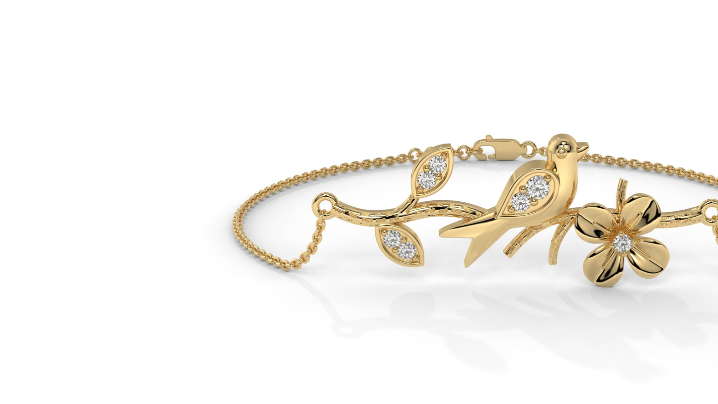 0.19 CTW Diamond Bird and Flower Bracelet in 14K Yellow Gold