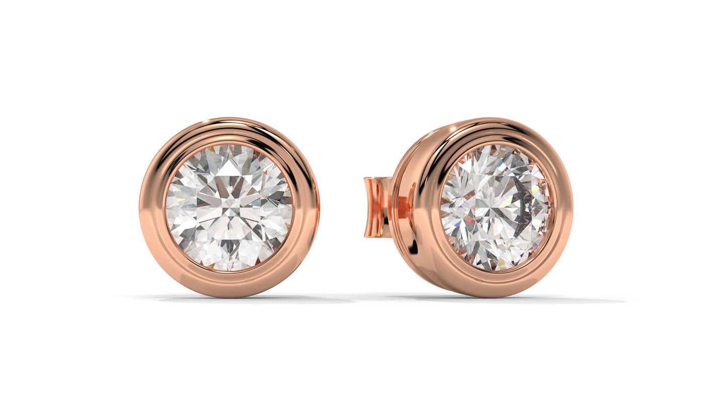 3 CTW Round Diamond Bezel-Set Stud Earrings In 14K Rose Gold – Brilliant-Cut, Screw Back