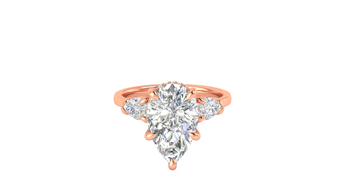 4 Carat Pear Cut Engagement Ring With Pear Shape Side Stones In 14K Rose Gold