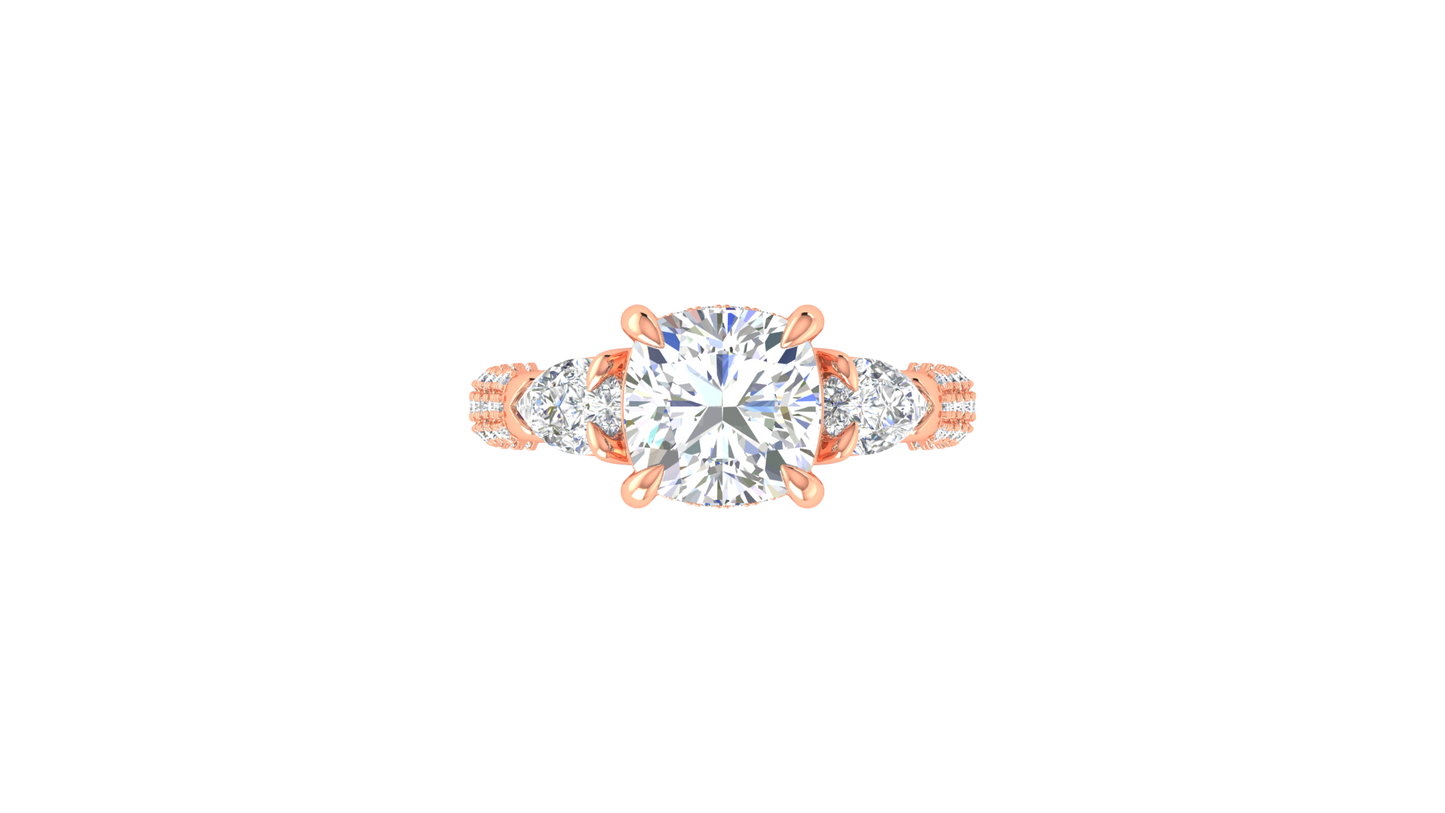 3 Carat Cushion-Cut Engagement Ring With Pear-Shaped Side Stones In 14K Rose Gold