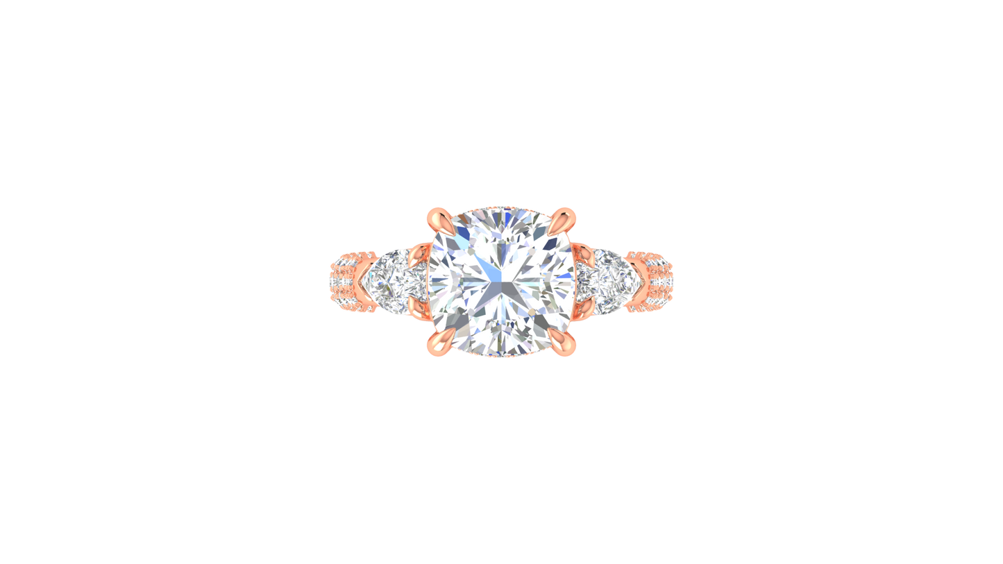 4 Carat Cushion-Cut Engagement Ring With Pear-Shaped Side Stones In 14K Rose Gold