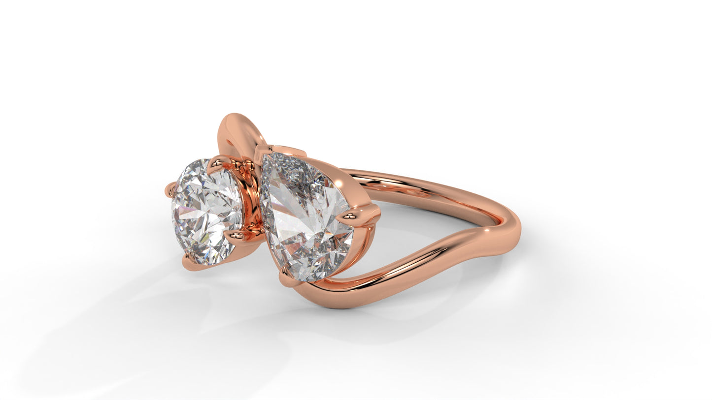 2.50 CTW Toi et Moi Diamond Ring in 14K Rose Gold with Round and Pear Cut Diamonds