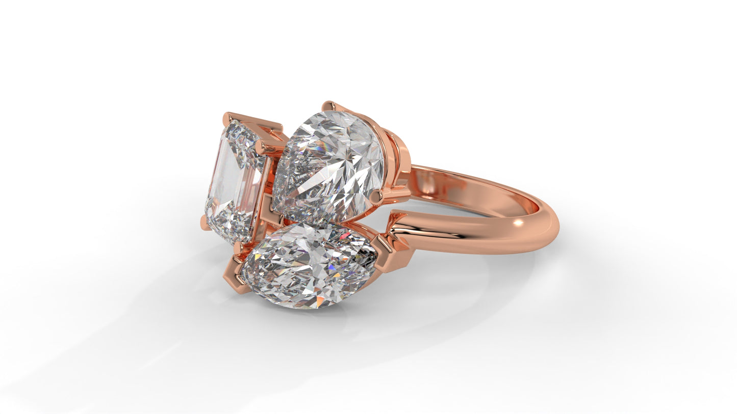 3.00 CTW Three-Stone Toi et Moi Diamond Ring in 14K Rose Gold with Pear, Emerald, and Marquise Diamonds