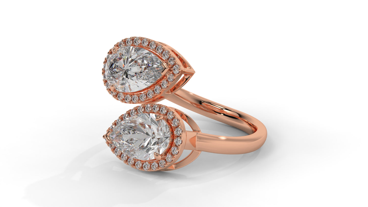 1.95 CTW Toi et Moi Diamond Ring in 14K Rose Gold with Pear and Round Cut Diamonds
