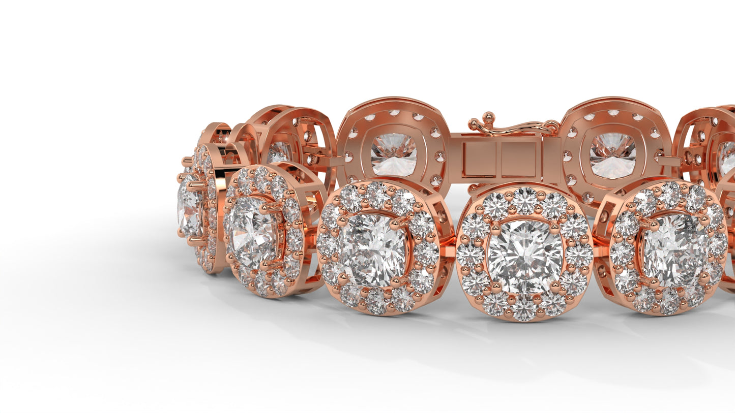 30.26 CTW Diamond Tennis Bracelet in 14K Rose Gold – Cushion and Round Halo Design