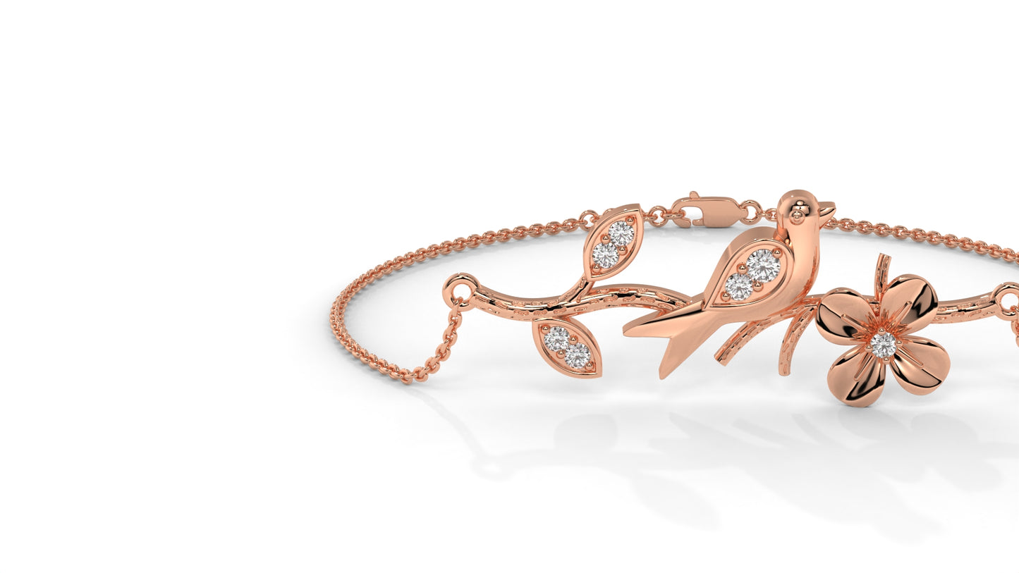 0.19 CTW Diamond Bird and Flower Bracelet in 14K Rose Gold