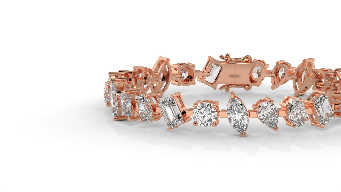 12.50 CTW Mixed Shape Diamond Bracelet in 14K Rose Gold – Round, Emerald, Oval, Pear & Marquise Cut