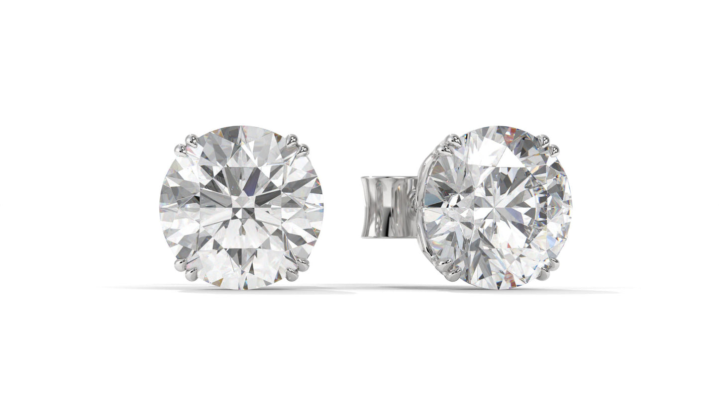 3 CTW Round Diamond Stud Earrings In 14K White Gold – Brilliant-Cut, Four-Prong Filigree Basket, Screw Back