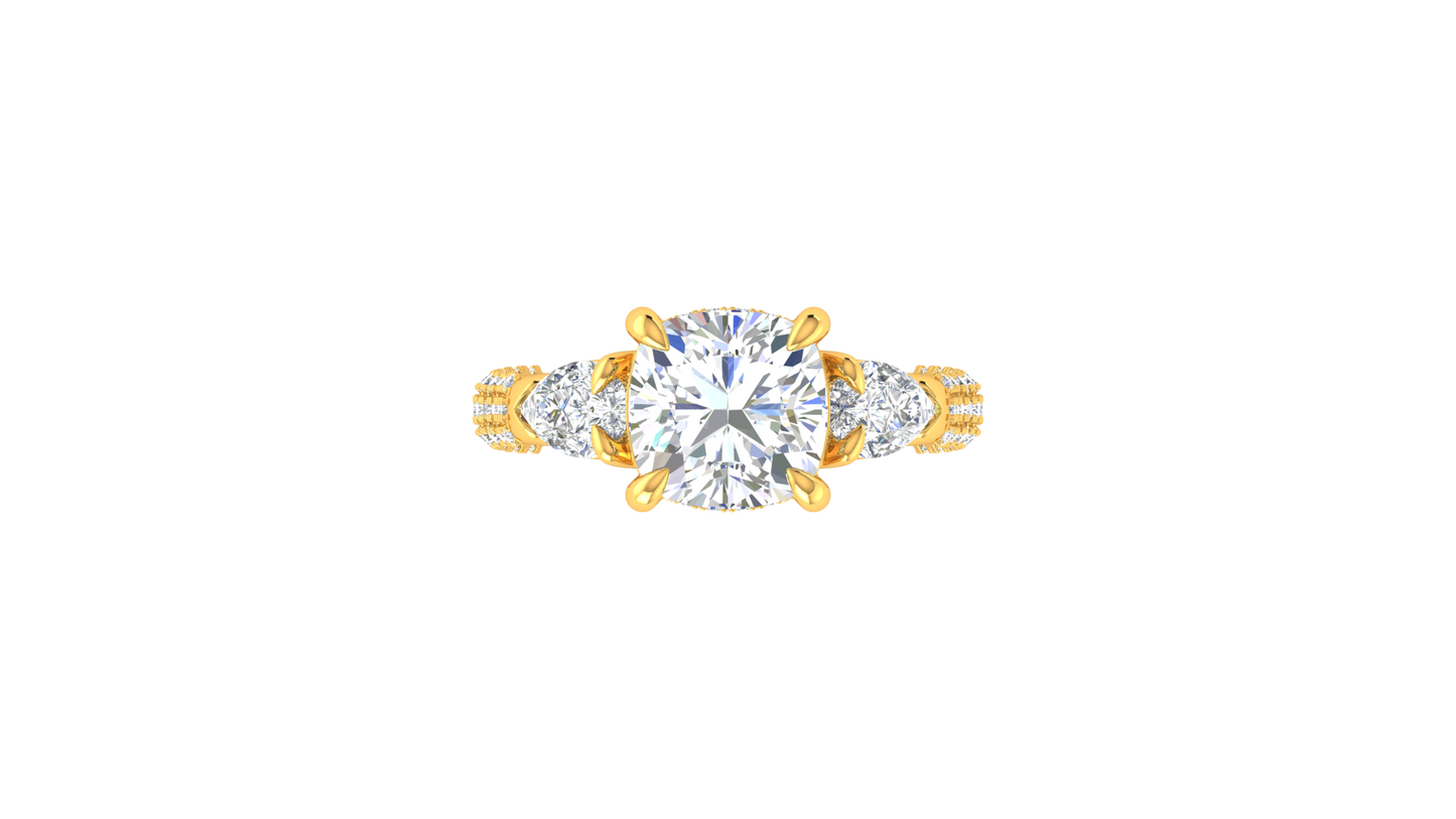 3 Carat Cushion-Cut Engagement Ring With Pear-Shaped Side Stones In 14K Yellow Gold