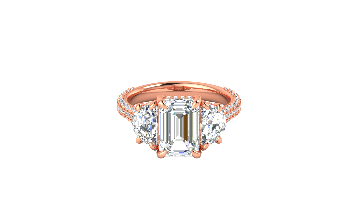 3 Carat Emerald Cut Engagement Ring With Half-Moon Side Stones In 14K Rose Gold