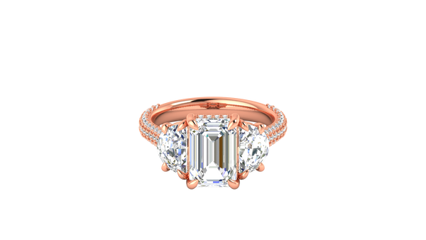 3 Carat Emerald Cut Engagement Ring With Half-Moon Side Stones In 14K Rose Gold