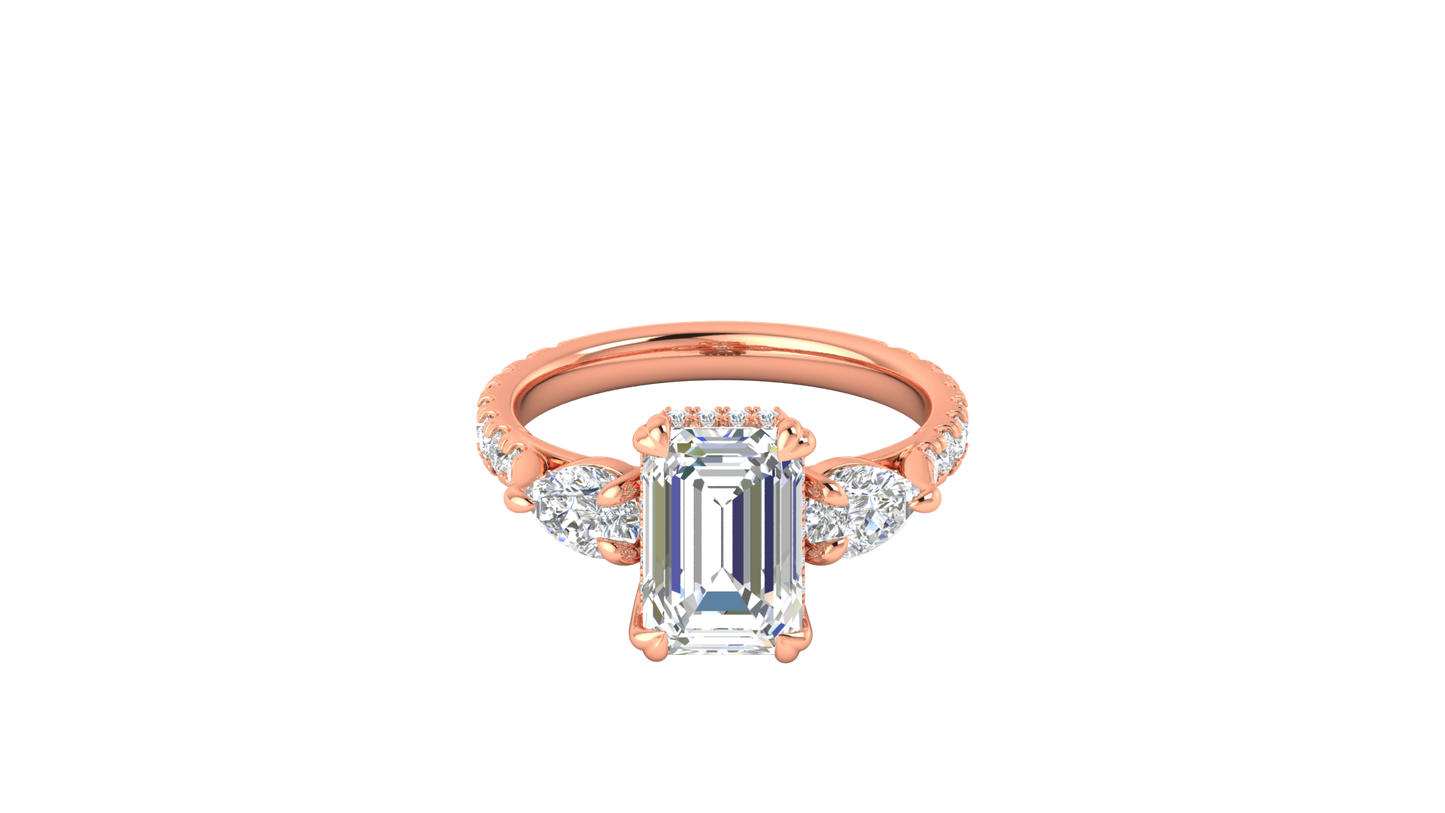 3 Carat Emerald Cut Engagement Ring With Pear Side Stones In 14K Rose Gold