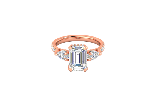 3 Carat Emerald Cut Engagement Ring With Pear Side Stones In 14K Rose Gold