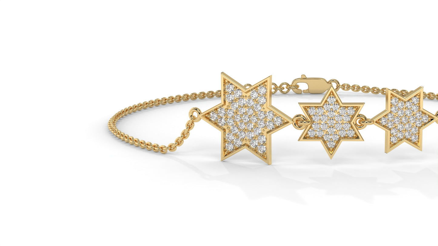 0.45 CTW Diamond Star Bracelet in 14K Yellow Gold – Triple Star Pavé Design