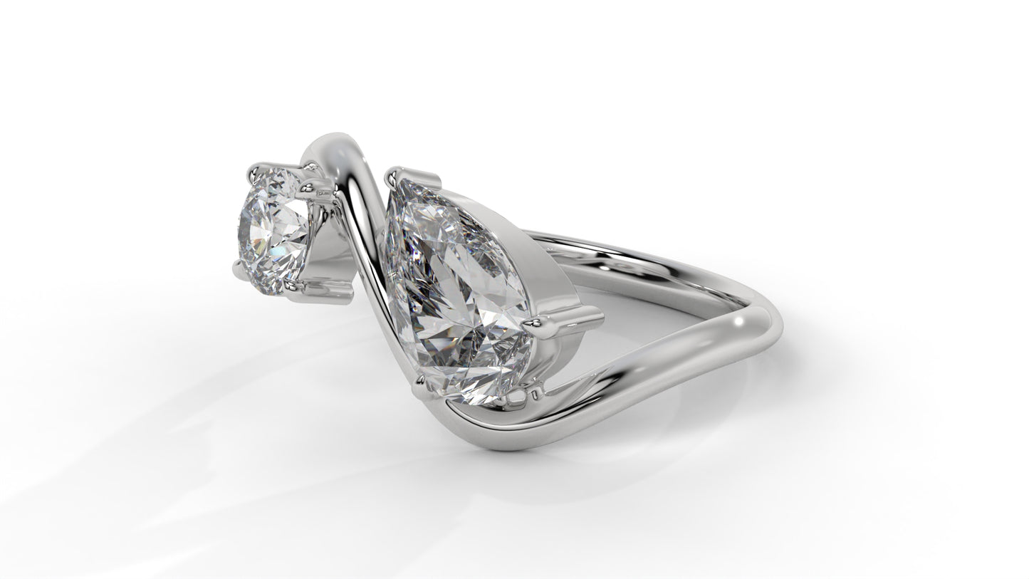 2.21 CTW Toi et Moi Diamond Ring in 14K White Gold with Round and Pear Cut Diamonds