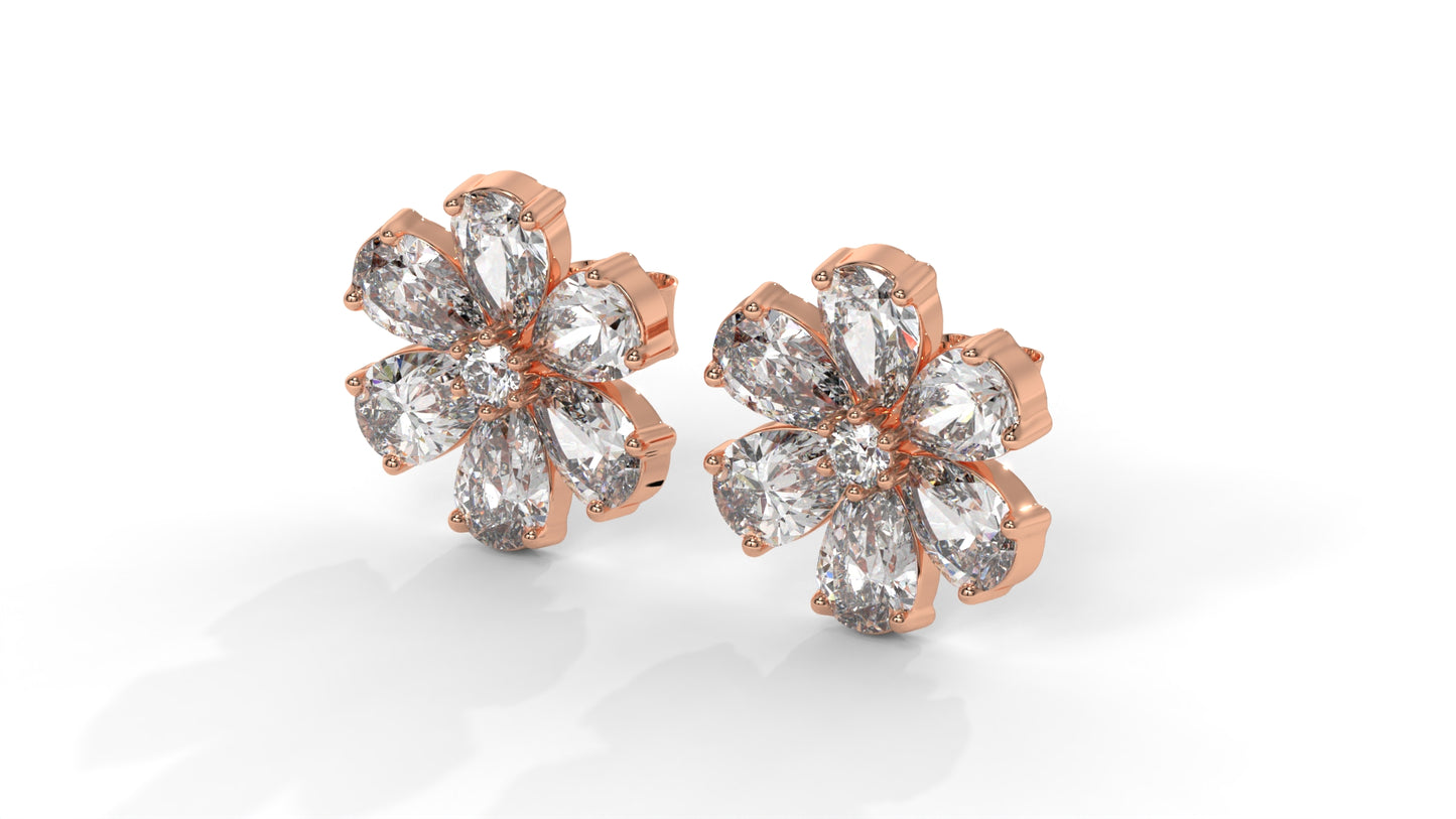 8.14 CTW Diamond Flower Stud Earrings in 14K Rose Gold - Pear-Shaped Cluster Design