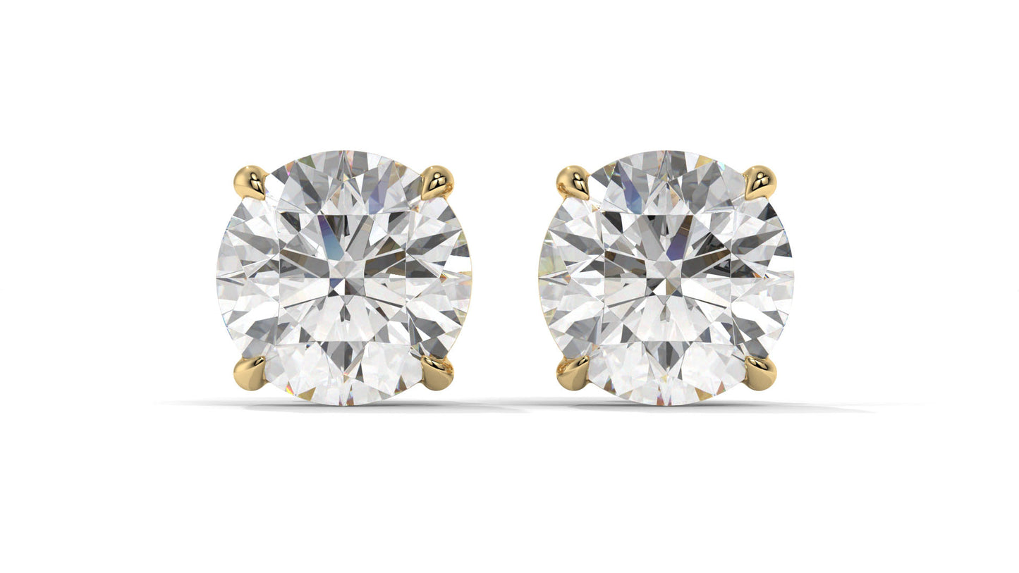 4 CTW Round Diamond Stud Earrings In 14K Yellow Gold – Brilliant-Cut, Double-Prong Basket Setting