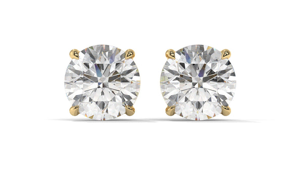 4 CTW Round Diamond Stud Earrings In 14K Yellow Gold – Brilliant-Cut, Double-Prong Basket Setting