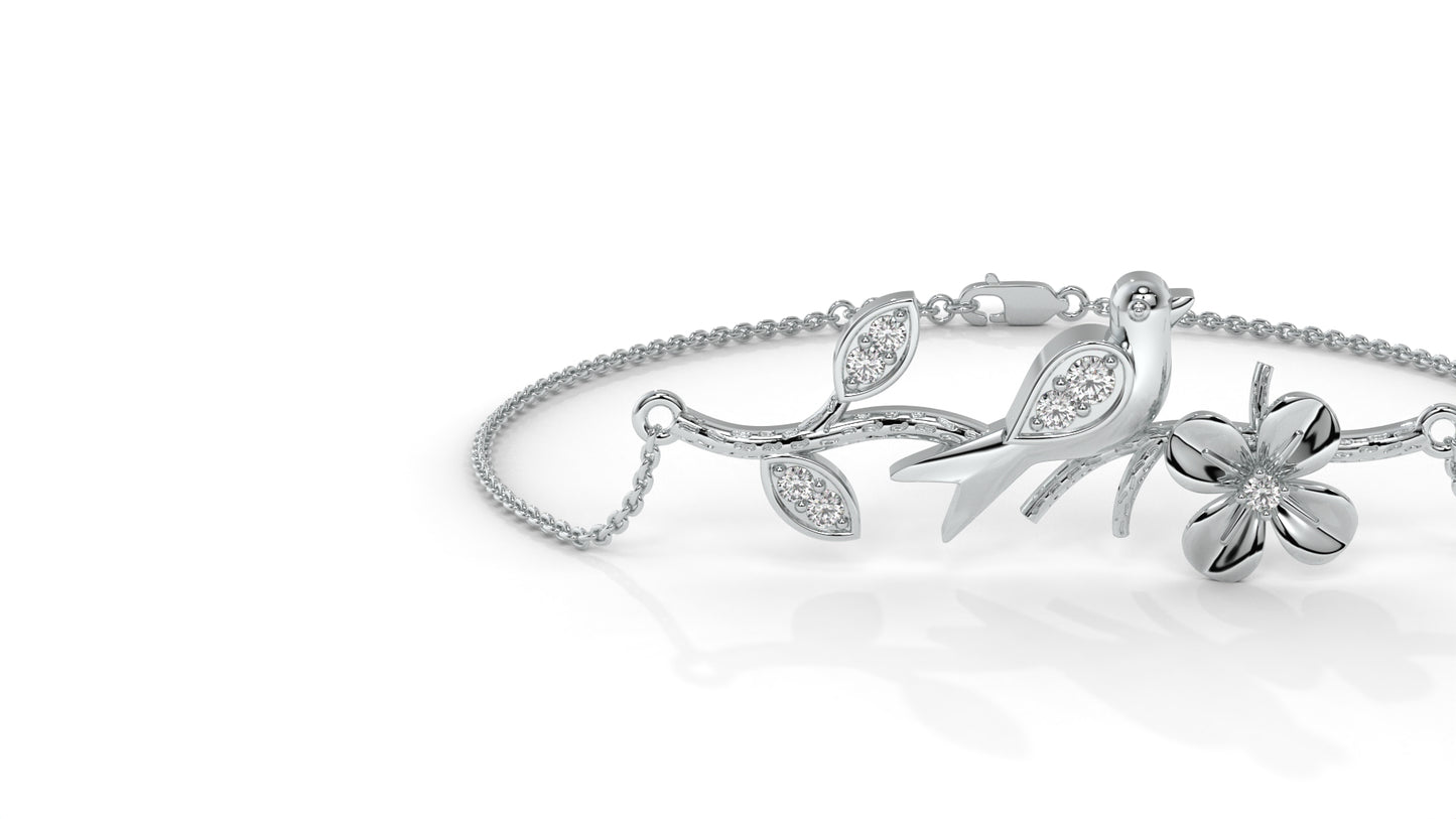 0.19 CTW Diamond Bird and Flower Bracelet in 14K White Gold