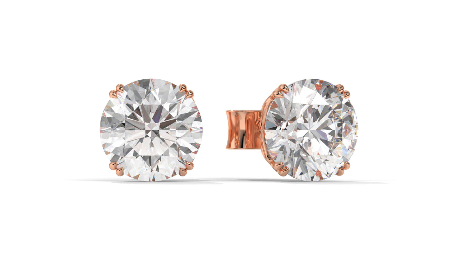 3 CTW Round Diamond Stud Earrings In 14K Rose Gold – Brilliant-Cut, Four-Prong Filigree Basket , Screw Back