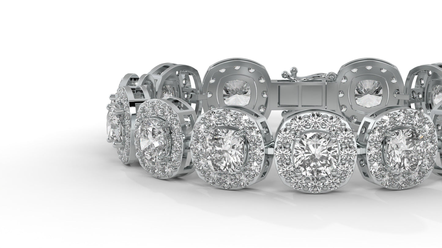 30.26 CTW Diamond Tennis Bracelet in 14K White Gold – Cushion and Round Halo Design