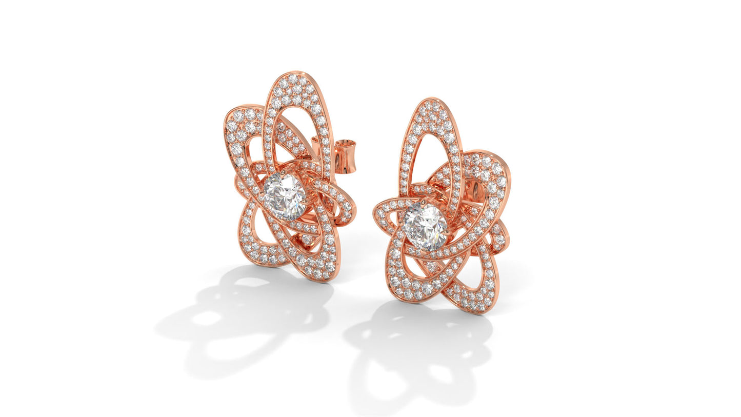 4.31 CTW Round Diamond Designer Stud Earrings in 14K Rose Gold In Pavé Setting