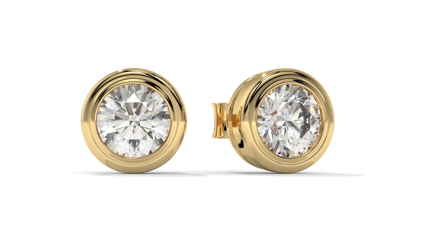 3 CTW Round Diamond Bezel-Set Stud Earrings In 14K Yellow Gold – Brilliant-Cut, Screw Back