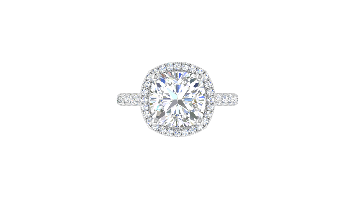 5 Carat Cushion Cut Halo Engagement Ring With Pavé Diamond Band In 14K White Gold