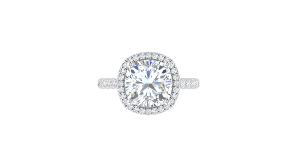 5 Carat Cushion Cut Halo Engagement Ring With Pavé Diamond Band In 14K White Gold