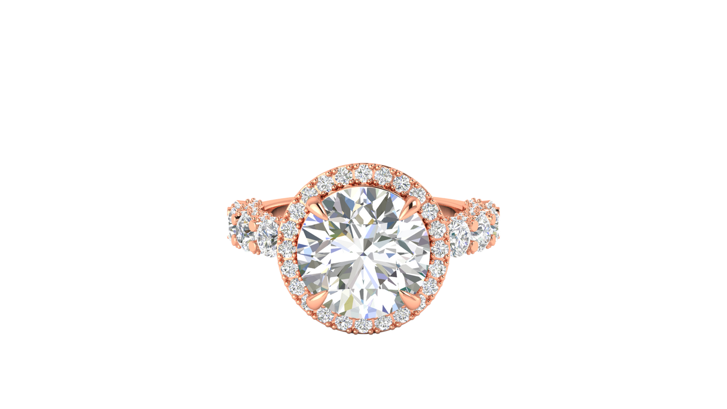 Opulent 5.00 Carat Round-Cut Halo Engagement Ring With Pavé Diamond Band In 14K Rose Gold